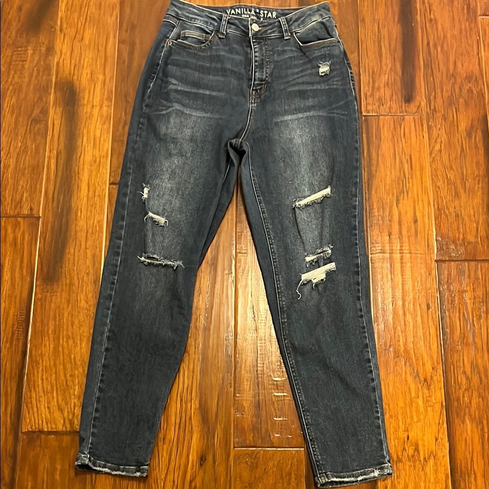 Vanilla Star Dark Wash Rip & Repair Ankle Mom Jeans. Size 9.